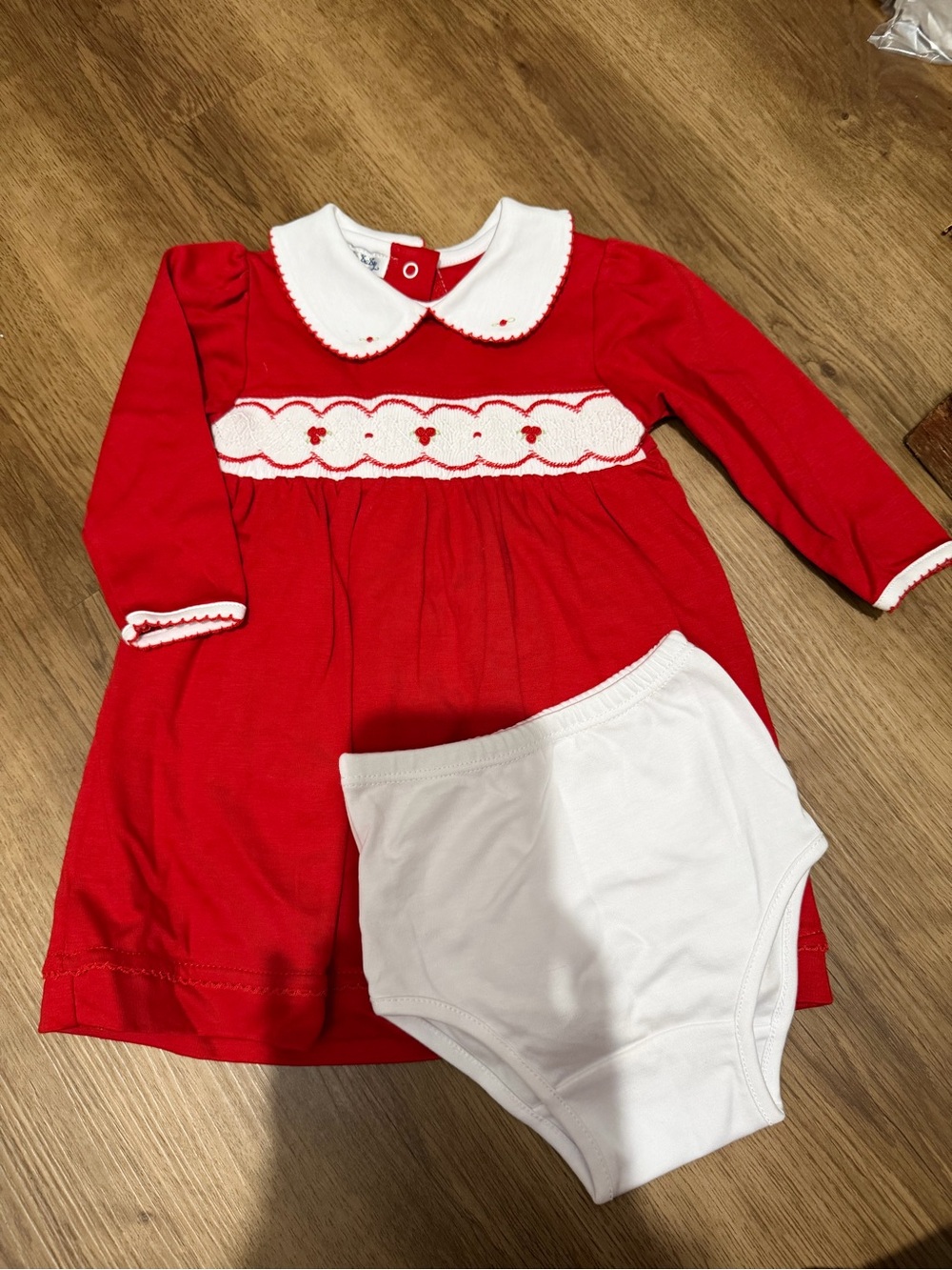 Red Long-Sleeve Smocked Baby Dress with White Bloomers